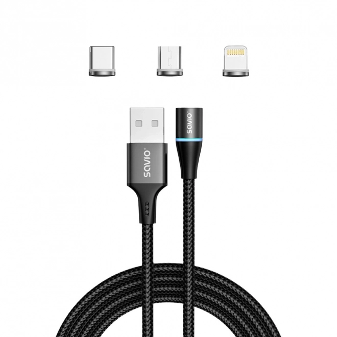 Mágneses USB kábel USB C, Micro és Lightning csatlakozókkal, 1m, fekete