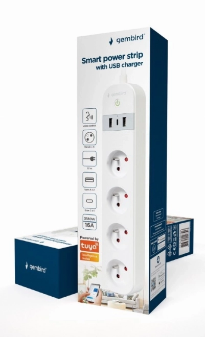 Intelligens elosztó Tuya 4xFR 2xUSB-A 1xUSB-C fehér