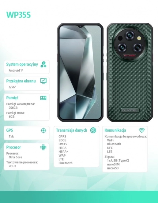 Strapabíró WP35S Okostelefon 4G 6/256GB zöld színben