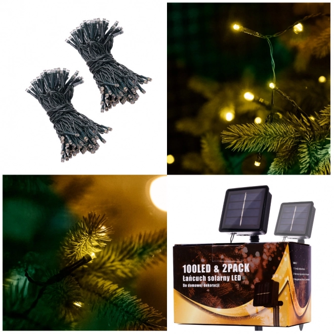 Napelemes karácsonyi led fényfüzér 20m, 200 led, meleg fehér