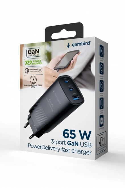 Fekete USB töltő 65W GaN technológiával, 1x USB-A és 2x USB-C porttal