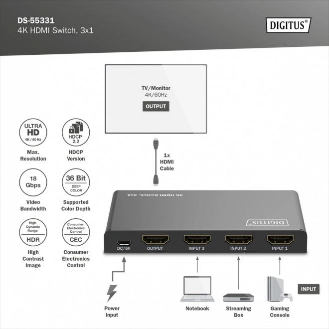 Digitus HDMI 4K videó váltó 3x1 60Hz távvezérlővel, fekete