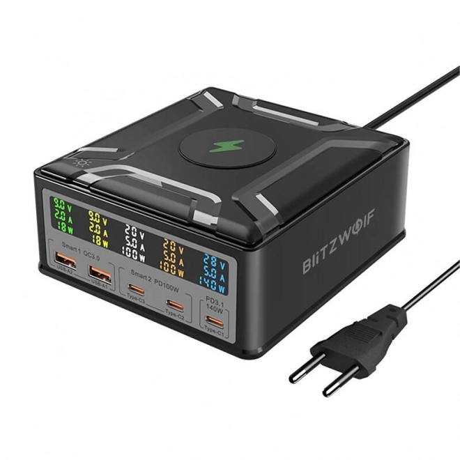 BlitzWolf intelligens töltő 260W, 2xUSB-A, 3xUSB-C, vezeték nélküli töltés