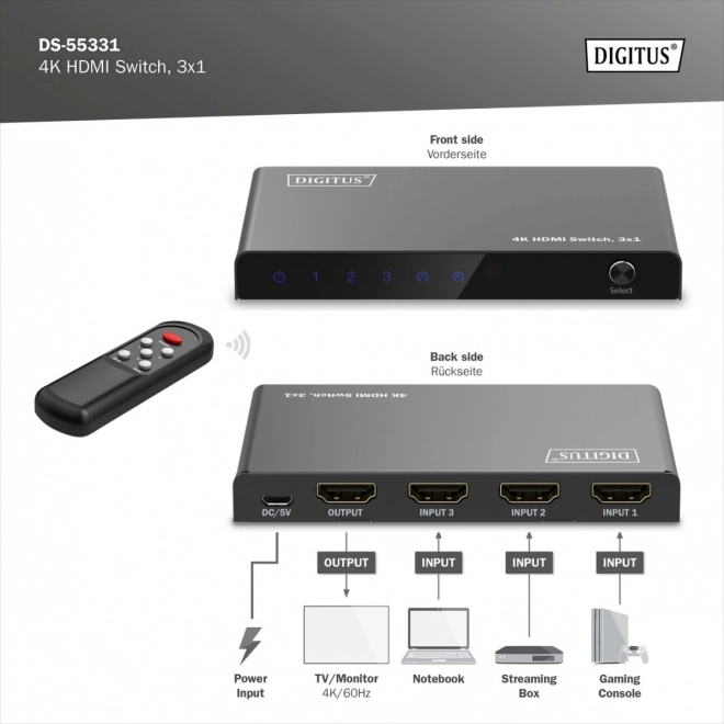 Digitus HDMI 4K videó váltó 3x1 60Hz távvezérlővel, fekete