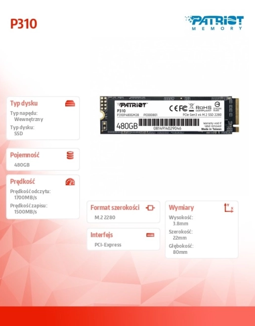 Patriot SSD merevlemez 480GB M.2 2280 PCIe NVMe