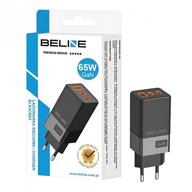 Fali töltő 65W GaN 2xUSB-C + USB-A fekete