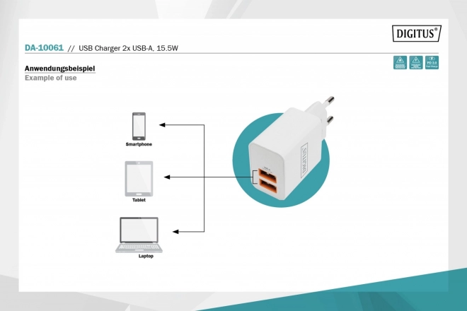 Fehér USB hálózati töltő 2x USB-A 15,5W