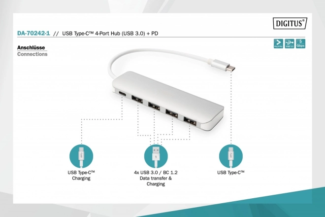 Alumínium 4 portos USB 3.0 hub C-típusú töltéssel