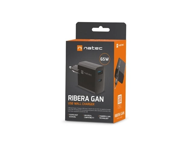 Natec ribera fekete GAN töltő USB-A + USB-C 65W