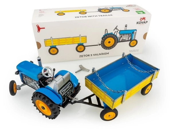 Traktor Zetoros utánfutóval kék kulccsal 28cm Kovap dobozban