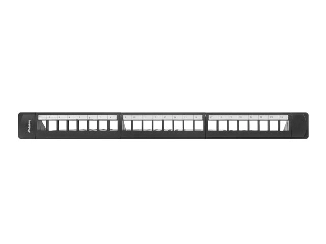 Üres patch panel 24 portos 1U 19 col fekete szervezővel keystone modulokhoz