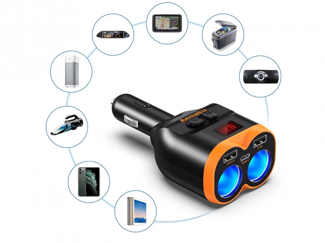 Autós szivargyújtó elosztó dupla USB-A, USB-C QC 3.0 töltő