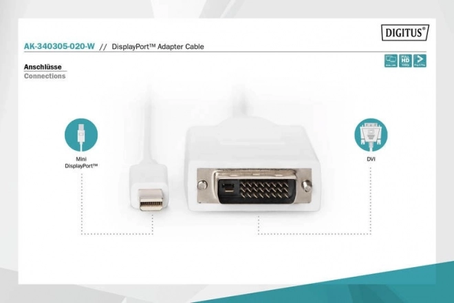 Fehér miniDP a DVI-D-hez adapter kábel 2m