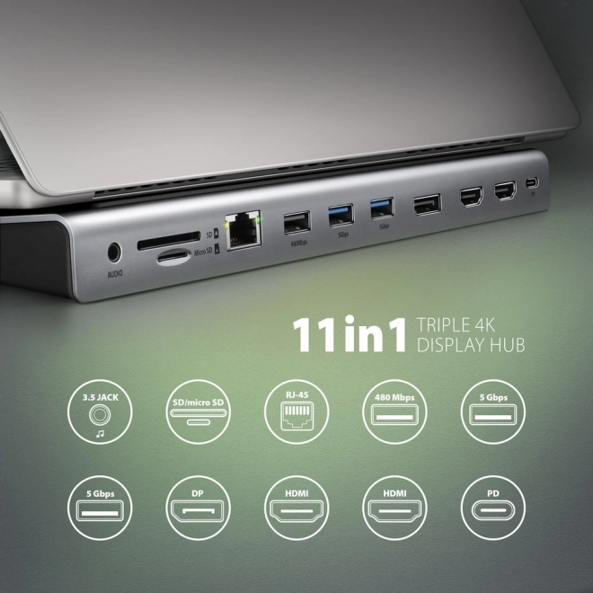 USB-C többportos hub 5Gbps, 3x USB-A, 2x HDMI + DP + GLAN + SD/microSD + audio, PD 100W