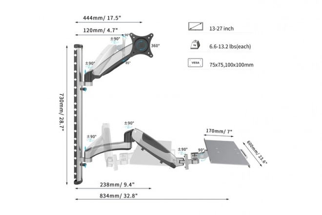 Fali monitorkar egyszemélyes LCD és billentyűzethez, maximum 27", 8kg, 360°-os forgatható