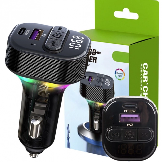Autós FM Bluetooth 5.3 Transmitter és Töltő LED háttérvilágítással