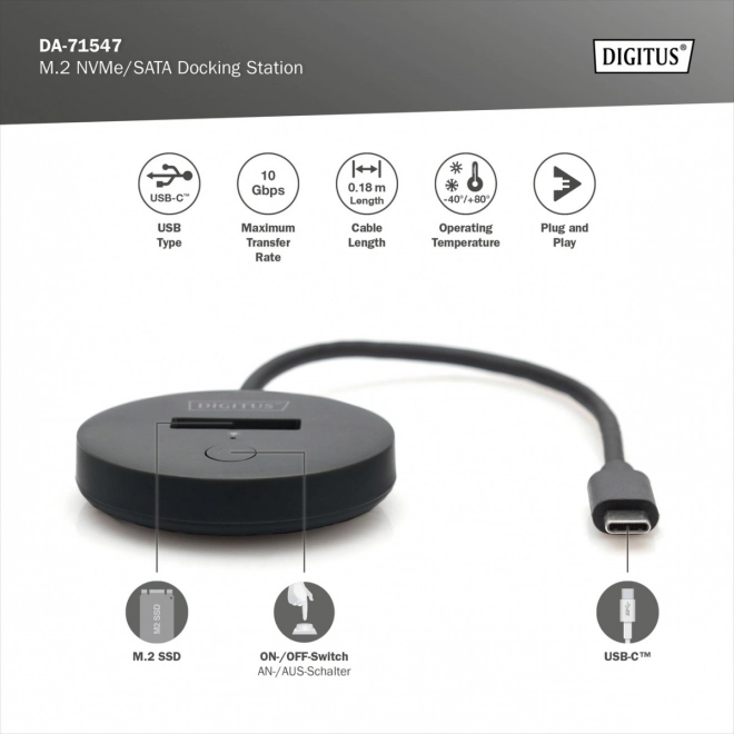 Digitus M.2 NVMe/SATA SSD Dokkoló Állomás USB-C 3.2 Gen2 10Gbps Maximum 4 TB, Fekete
