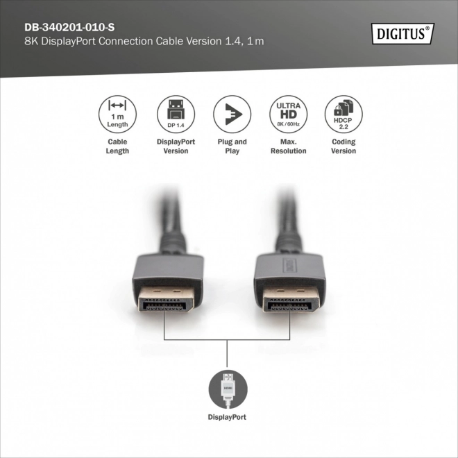 Prémium DisplayPort csatlakozókábel 8K 60Hz UHD 1m fekete