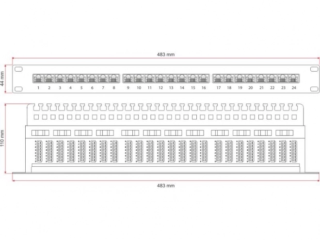 Patch panel UTP kat.5e 24 portos 1U polc