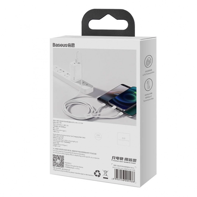 Baseus Superior Data gyors töltőkábel USB M+L+C, 0,5 m, fehér