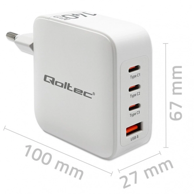 Fehér 140W GaN hálózati töltő 3x USB-C PD-vel és 1x USBQC 3.0-val