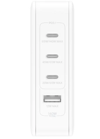 Fehér 4 portos falitöltő, 140W, UK, EU, US csatlakozóval