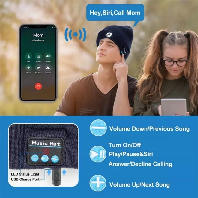 LED lámpás sapka beépített Bluetooth fülhallgatókkal, fekete