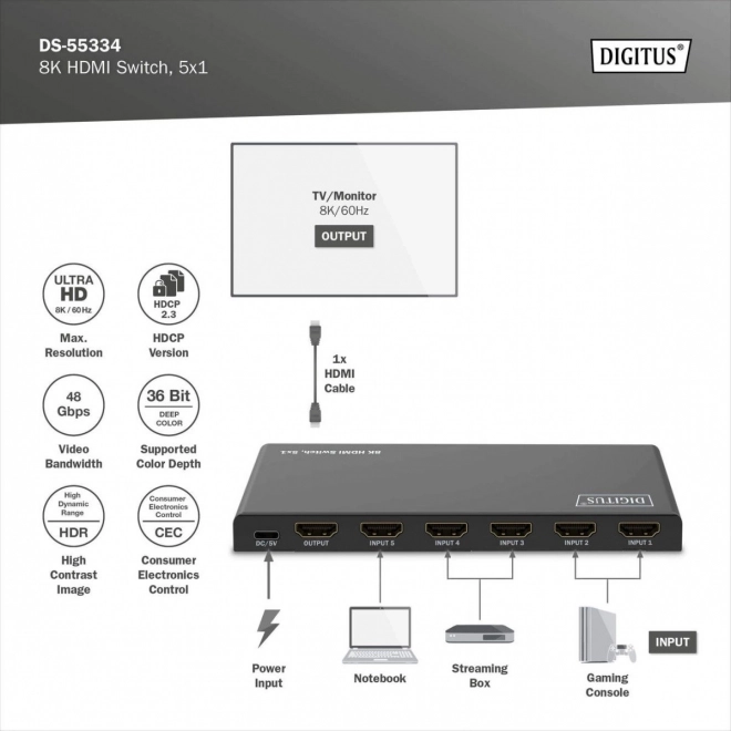 Digitus 8K HDMI átkapcsoló 5x1 távirányítóval