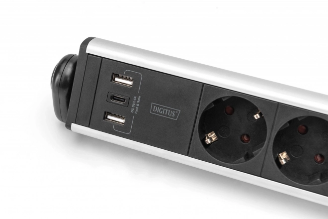 Irodai elosztó 6 aljzattal, 2 USB-A és 1 USB-C, forgatható, alumínium test, asztali rögzítéssel