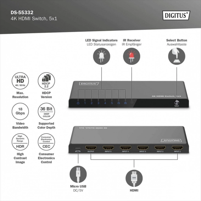 4K HDMI váltó 5x1, HDCP 2.3, távirányítóval, fekete