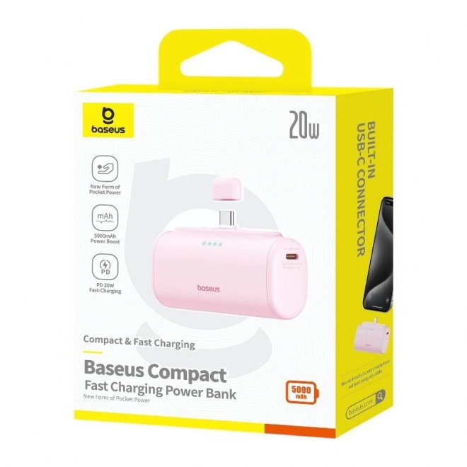 Baseus kompakt usb-c powerbank 5000mah, 20w rózsaszín