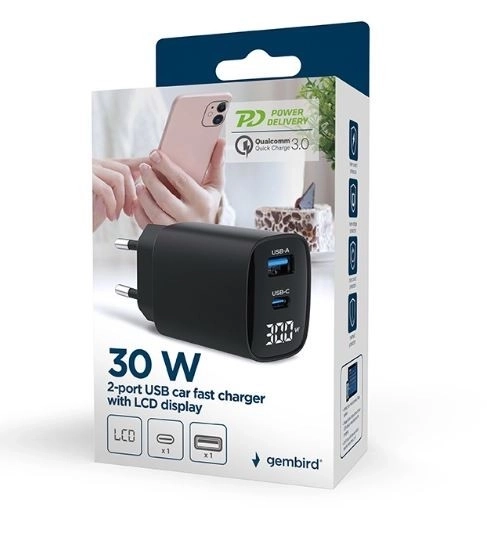 Fekete 30W-os GaN gyorstöltő LCD-vel