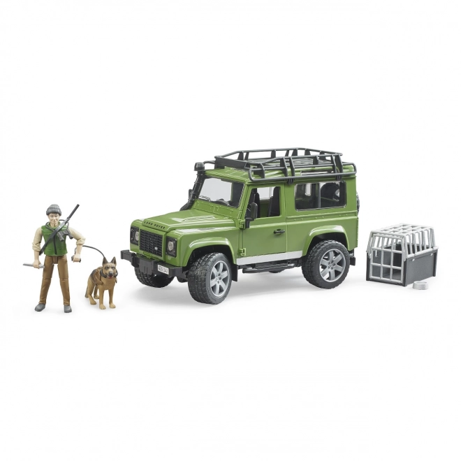 bruder land rover defender vadász figurával és kutyával