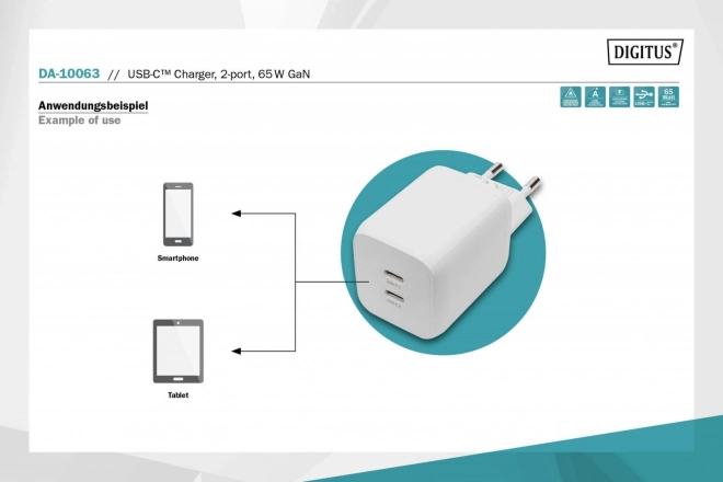 Fehér GaN dupla USB-C PD 3.0 töltő, max. 65W