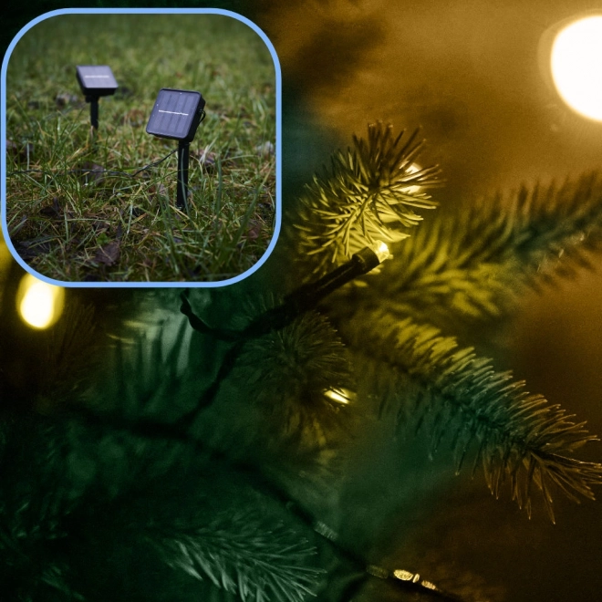 Napelemes karácsonyi led fényfüzér 20m, 200 led, meleg fehér