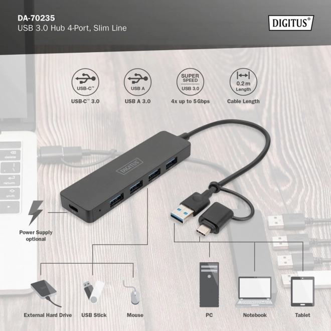 Usb 3.0 4 portos SlimLine Hub Usb-a és Usb-c adapterrel