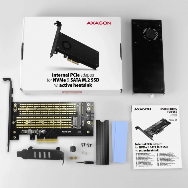 Adapter beépített PCIe x4 to M.2 NVMe M-key + SATA B-key hűtőventilátor