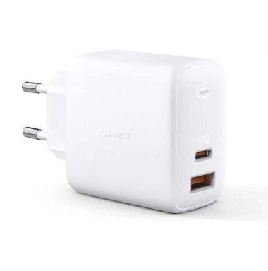 Fehér hálózati töltő Aukey Omnia GaN 2xUSB Power Delivery (1xUSB A+1xUSB C) 65W 5.4A