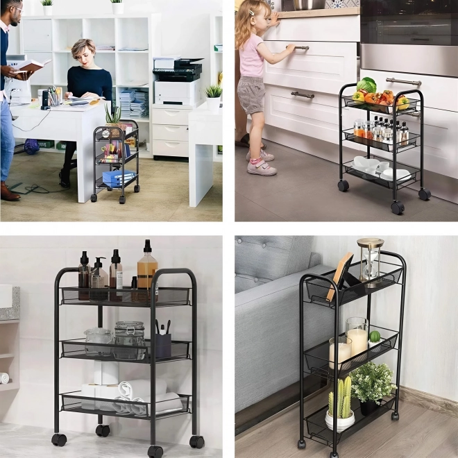 Modernhome fekete fémből készült mobil fürdőszobai polc 3 polccal és kerekekkel