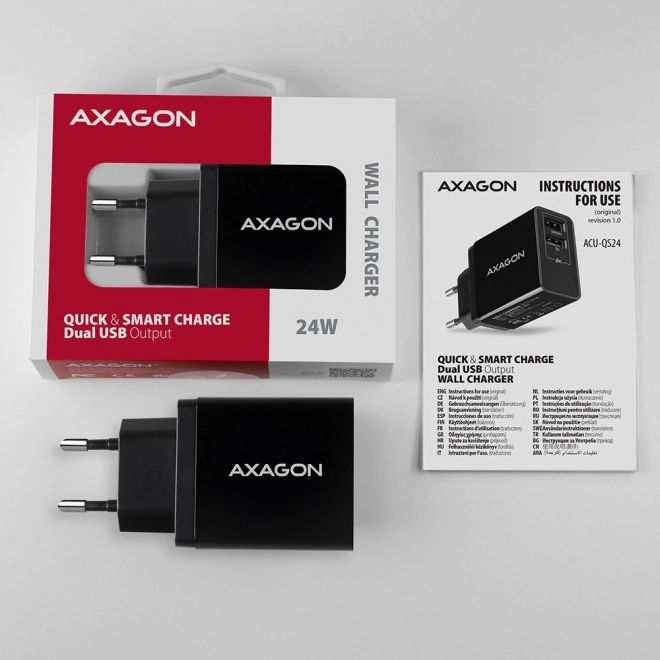 Axagon gyors töltő adapter QC 24W, 2 USB porttal