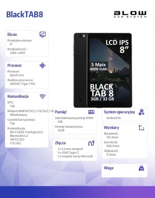 Fekete tablet 8 hüvelykes 3/32GB 4G LTE