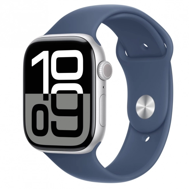 Ezüst Apple Watch Series 10 GPS, 46 mm alumíniumtokkal, denim sportpánttal - S/M méret
