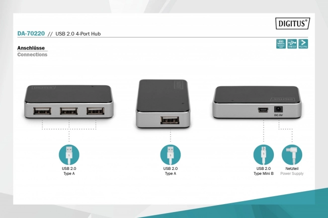 4 portos USB 2.0 hub aktív fekete-ezüst