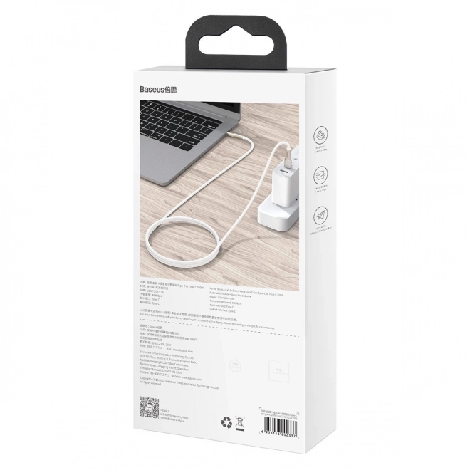 Baseus usb-c gyors töltőkábel, 100w, 2m, fehér