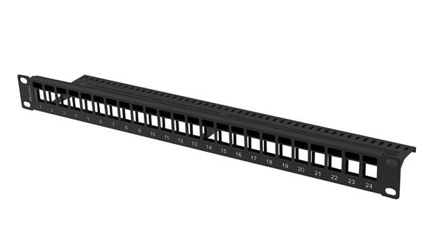 Patch panel 24 portos 1U 19 hüvelykes fekete keystone modulokhoz