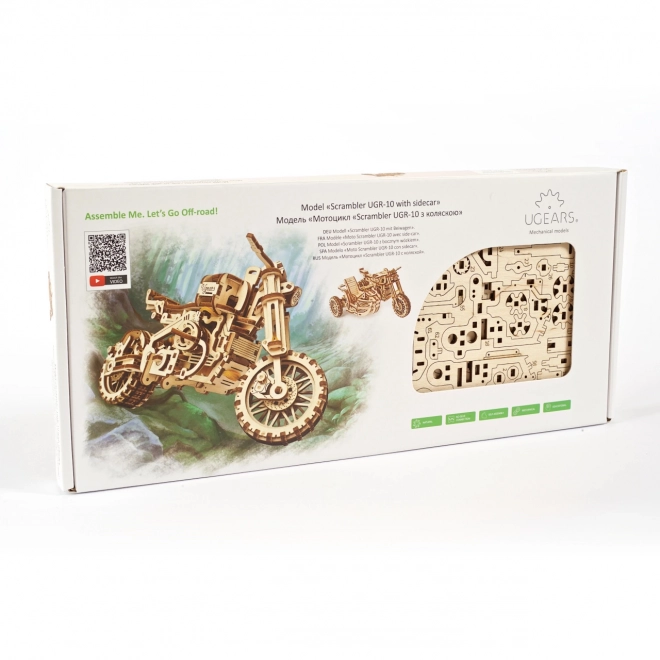 Ugears 3D fa mechanikus puzzle Scrambler motorkerékpár oldalkocsival