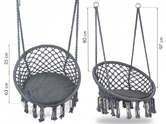 Boho függőszék párnával, kerti hinta, szürke