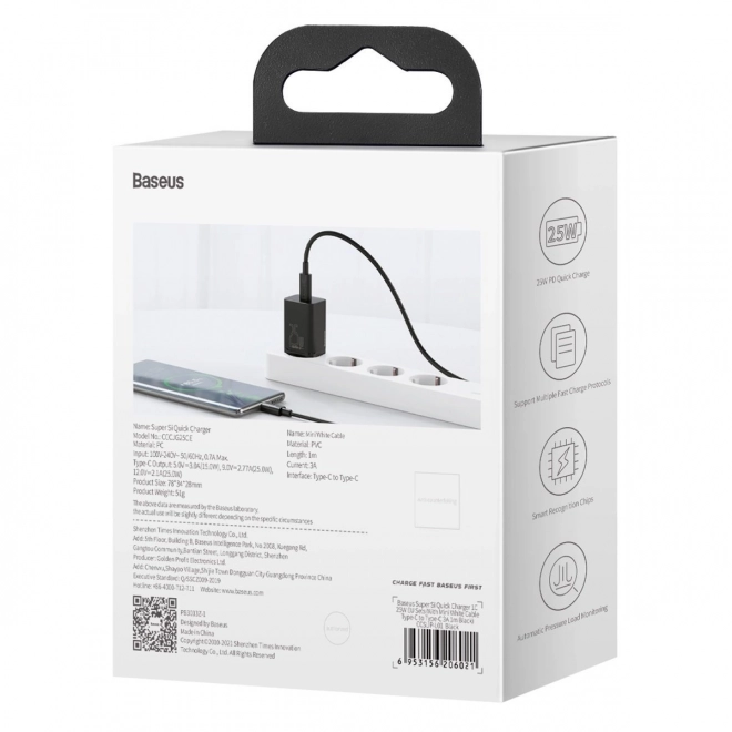 Baseus Super Si gyorstöltő 1C 25W USB-C kábellel 1m fekete