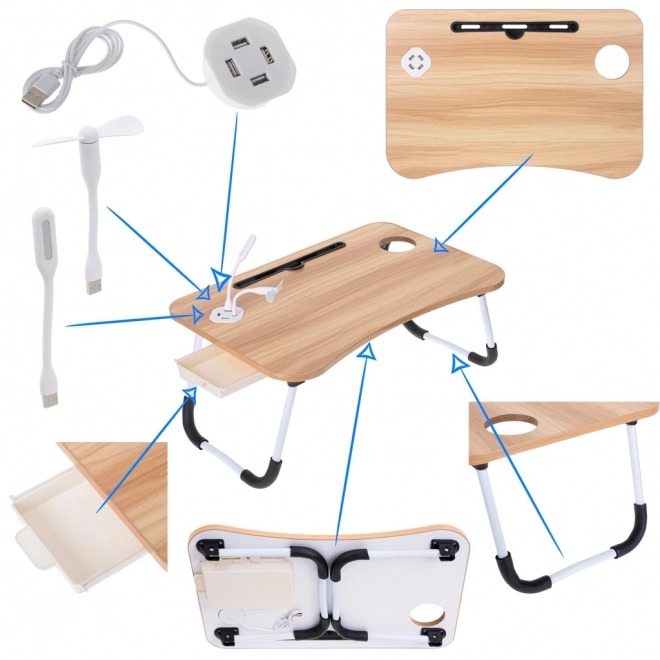 Összecsukható laptopasztal ágyhoz USB tartóval