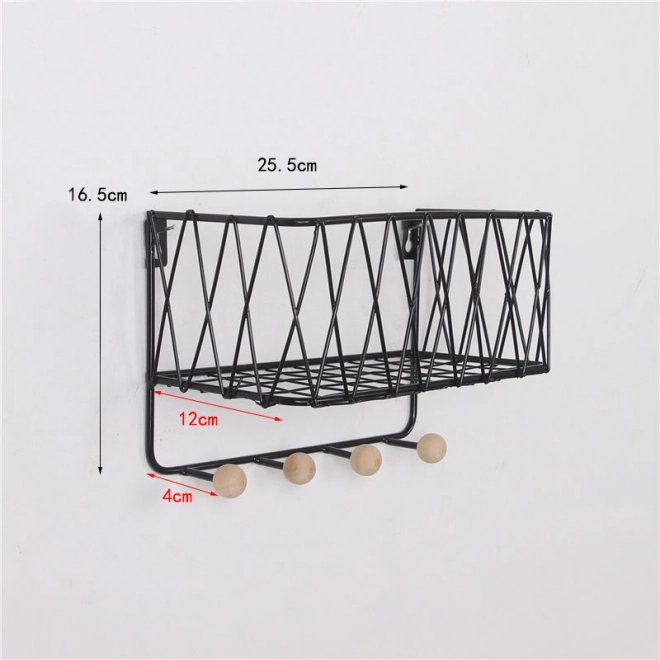 Fekete fali polc akasztókkal, 25.5 cm